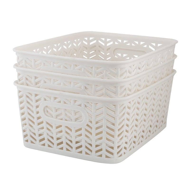 Simplify 3 Pack Small Herringbone Storage Basket | Dimensions: 10"x8"x4" | Light Weight | Two Open Handles | White | Organization | Many Uses | Kitchen Storage | Bathroom Storage | - Image 1