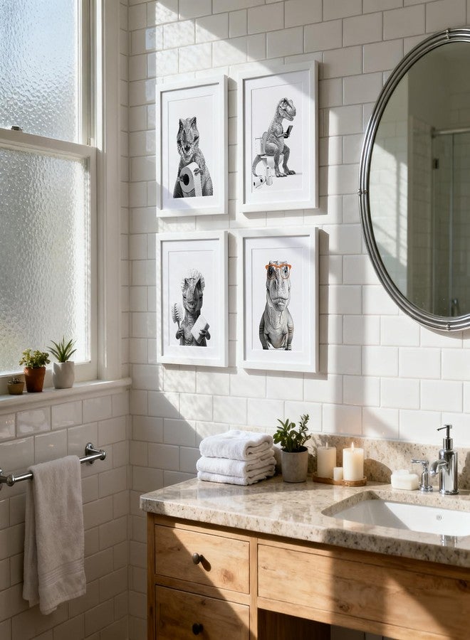 GTYNU Funny Dinosaur Bathroom Wall Art Decor Prints Set of 4, Black and White Dinosaur in Bathtub Posters Pictures Wall Decor for Bathroom Washroom Restroom, 8x10 Unframed - Image 2