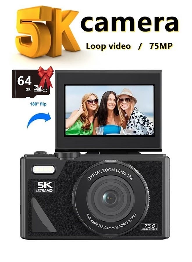 Generic Digital Camera, 5K Cameras Digital with 64GB SD Card, 75MP Digital Camera for Photography and Video, 18X Digital Zoom Digital Camera with 3'' Flip Screen, 5K Vlogging Camera, Compact Anti Shake Vlogging Camera for Gift - Image 1