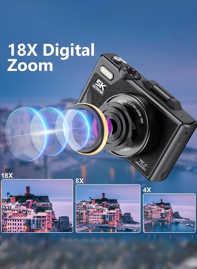 Generic Digital Camera, 5K Cameras Digital with 64GB SD Card, 75MP Digital Camera for Photography and Video, 18X Digital Zoom Digital Camera with 3'' Flip Screen, 5K Vlogging Camera, Compact Anti Shake Vlogging Camera for Gift - Image 3