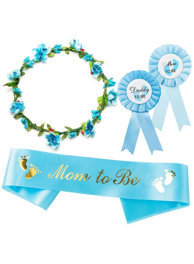 2ooya Blue and Gold Mom to Be Sash Kit Gender Reveals Party Floral Garland Crown with Daddy to Be Tinplate Badge Combo Decor Supplies Favors for Boys Baby Shower Party Photo Prop Gift - Image 1