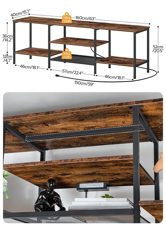 DESINO 160×40×52cm Modern Industrial TV Stand with Power Outlets, Fits TVs up to 75 Inches, Media Console Table with Open Storage Shelves and Cabinet, Entertainment Center for Living Room and Bedroom (Rustic Brown) - Image 2