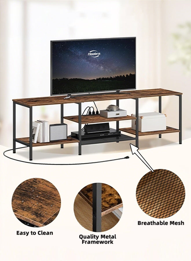 DESINO 160×40×52cm Modern Industrial TV Stand with Power Outlets, Fits TVs up to 75 Inches, Media Console Table with Open Storage Shelves and Cabinet, Entertainment Center for Living Room and Bedroom (Rustic Brown) - Image 4