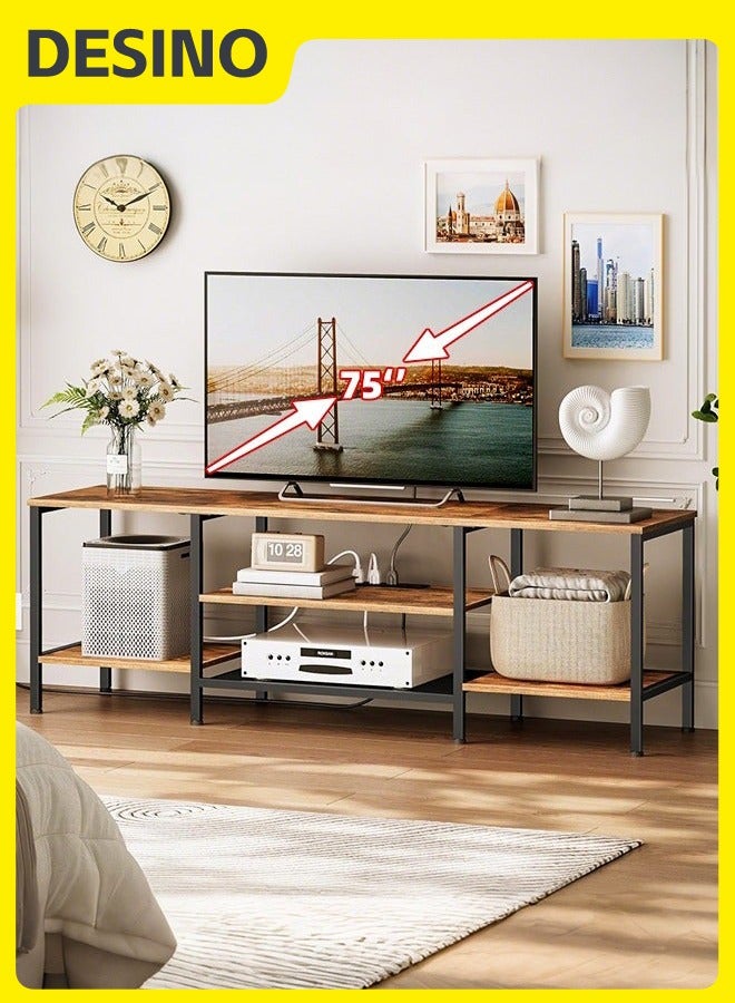 DESINO 160×40×52cm Modern Industrial TV Stand with Power Outlets, Fits TVs up to 75 Inches, Media Console Table with Open Storage Shelves and Cabinet, Entertainment Center for Living Room and Bedroom (Rustic Brown) - Image 1