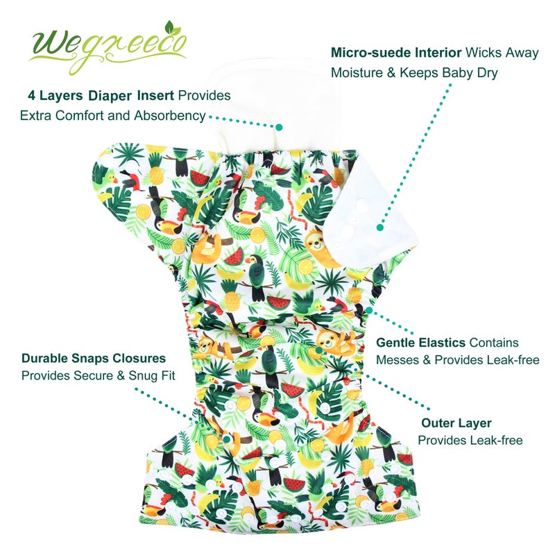 wegreeco Cloth Diapers 6 Pack with 6 Inserts & 1 Wet Bag, Washable Cloth Diapers for Babies, One Size Adjustable Reusable (Fruits, Animals) - Image 2