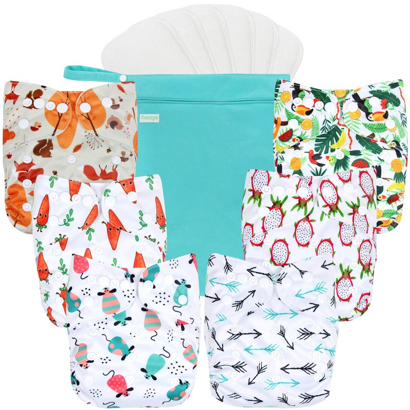 wegreeco Cloth Diapers 6 Pack with 6 Inserts & 1 Wet Bag, Washable Cloth Diapers for Babies, One Size Adjustable Reusable (Fruits, Animals) - Image 1