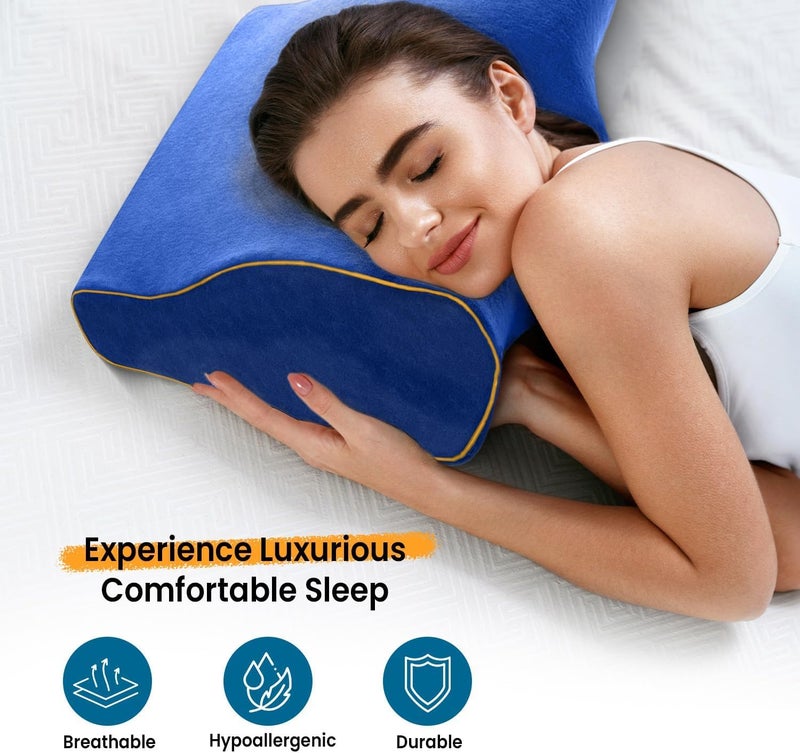 Sleepsia وسادة من الرغوة الذاكرة | ضمان لمدة عام | وسادة لدعم الرقبة لتخفيف آلام الرقبة، مصنوعة من مواد طبية، توفر دعمًا إضافيًا للرقبة لمن ينامون على الجانب أو الظهر (لون أزرق) - Image 5