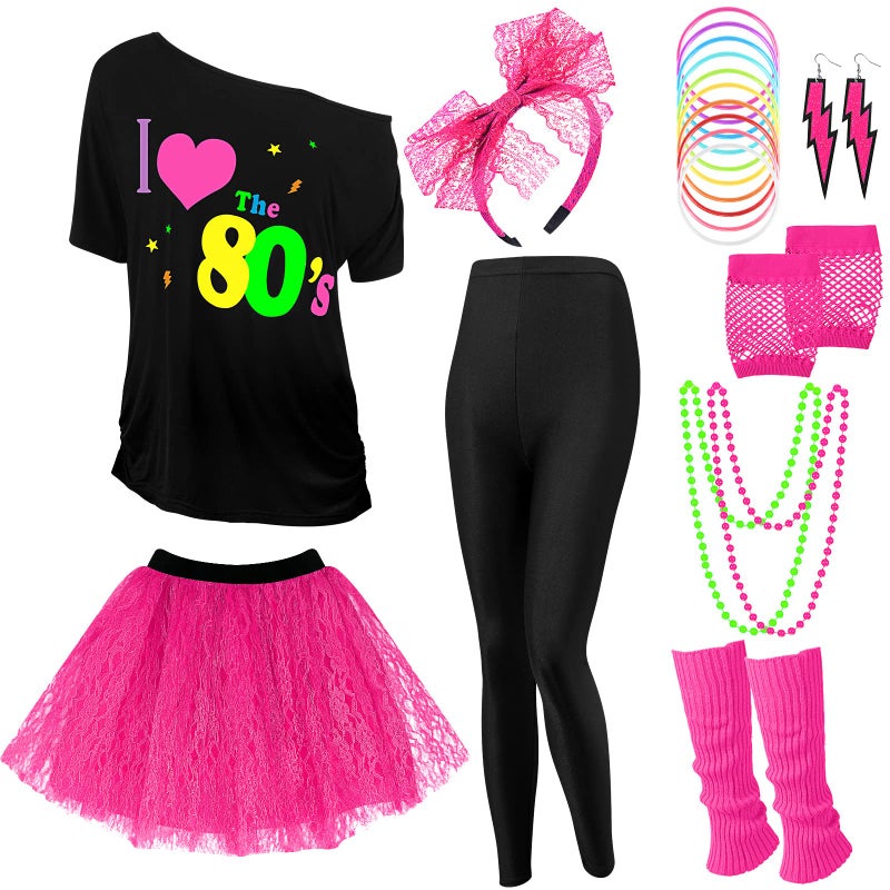 Vabean 19 Pcs 80s Costume Set T Shirt Leggings Tutu Skirt Headband Necklace Bracelets Earrings Gloves Leg Warmers for Women (Black Leggings,X-Large) - Image 2