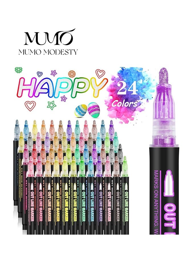 MUMO 24-Color Outline Markers Pen Set, Double Line Pens, Self Outline Metallic Markers for Art, Drawing, Greeting Cards, Waterproof Glitter Paint, Create Beautiful Two-Color Effect ,Multicolour - Image 1