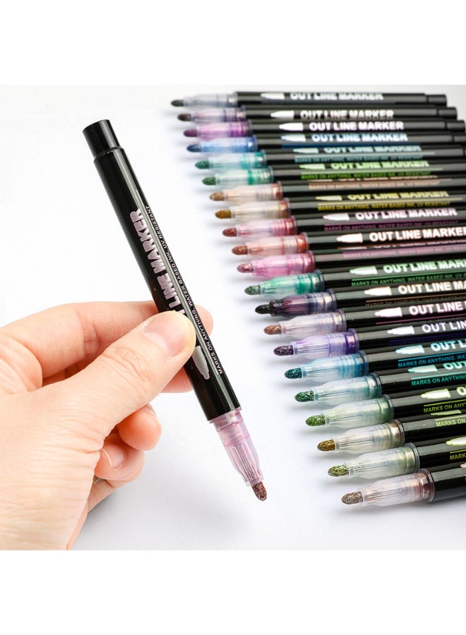 MUMO 24-Color Outline Markers Pen Set, Double Line Pens, Self Outline Metallic Markers for Art, Drawing, Greeting Cards, Waterproof Glitter Paint, Create Beautiful Two-Color Effect ,Multicolour - Image 2