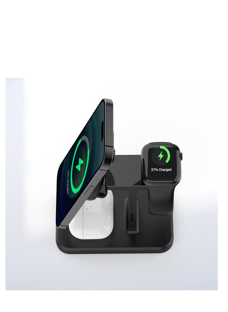 Generic - Wireless Charger 3 in 1 Charging Station, Fast iPhone Charging Station, Magnetic Magsafe Wireless Charger for 15,14,13,12 Pro/Max/Mini/Plus, iWatch 8/7/6/SE/5/4/3/2, Black - Image 1