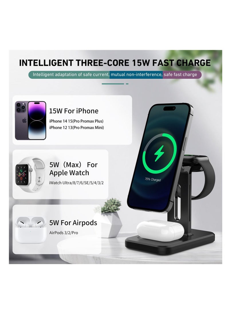 Generic - Wireless Charger 3 in 1 Charging Station, Fast iPhone Charging Station, Magnetic Magsafe Wireless Charger for 15,14,13,12 Pro/Max/Mini/Plus, iWatch 8/7/6/SE/5/4/3/2, Black - Image 1