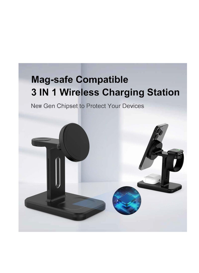 Generic - Wireless Charger 3 in 1 Charging Station, Fast iPhone Charging Station, Magnetic Magsafe Wireless Charger for 15,14,13,12 Pro/Max/Mini/Plus, iWatch 8/7/6/SE/5/4/3/2, Black - Image 1