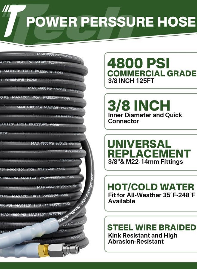 TechSweepPro 3/8" 4800PSI Pressure Washer Hose 125FT with Swivel Quick Connect for Cold/Hot Water Max 248°F, Kink Resistant Steel Wire Braided, Wear Resistant Power Washer Hose with M22 14mm Adapter - Image 2