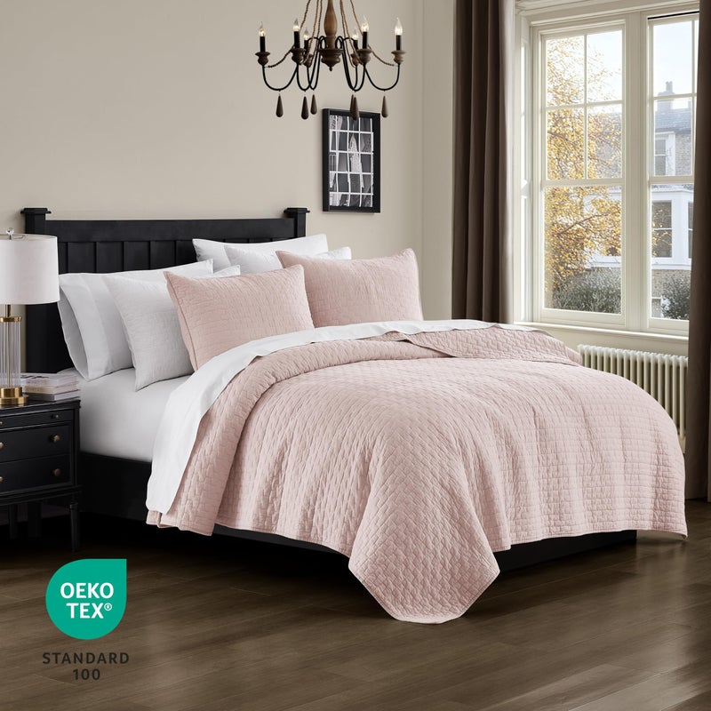 palassio Pink 100% Cotton Quilt King Size Bedding Sets with 2 Pillow Shams, Textured Lightweight Soft Bedspread Shabby Chic Coverlet, Quilted Comforter Bed Cover for All Season, 3 Pieces - Image 3