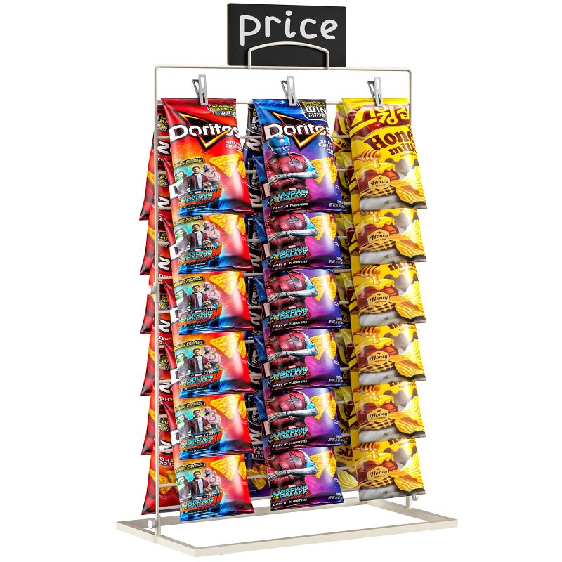 TJMOREE Chip Rack Display Stand Chip Bag Holder for Party Display 3Row 60 Clips Countertop Snack Hanger Snack Retail Display Rack for Party Concession White