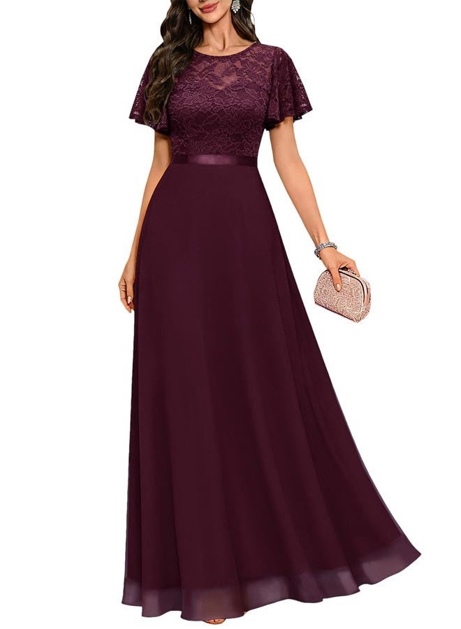 DRESSTELLS Womens Formal Dresses for Wedding Guest Prom Ruffle Sleeve Lace Maxi Dress Evening Gown 2026, Burgundy, M - Image 1
