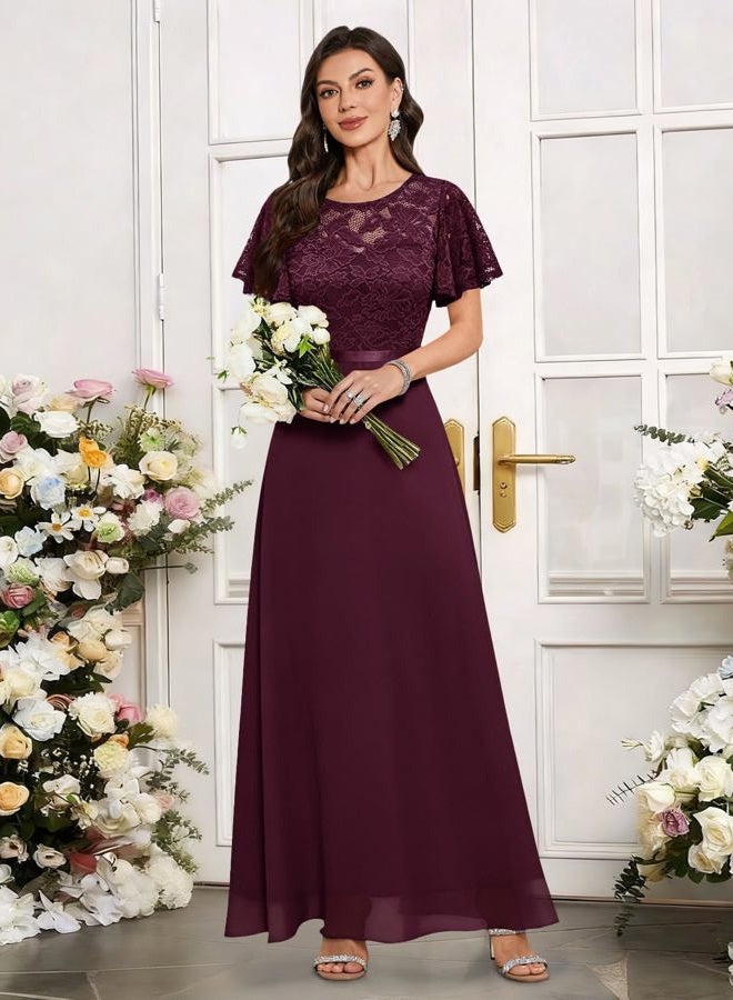 DRESSTELLS Womens Formal Dresses for Wedding Guest Prom Ruffle Sleeve Lace Maxi Dress Evening Gown 2026, Burgundy, M - Image 3