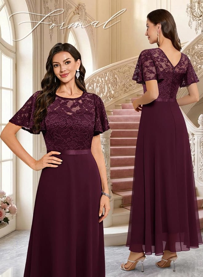 DRESSTELLS Womens Formal Dresses for Wedding Guest Prom Ruffle Sleeve Lace Maxi Dress Evening Gown 2026, Burgundy, M - Image 2