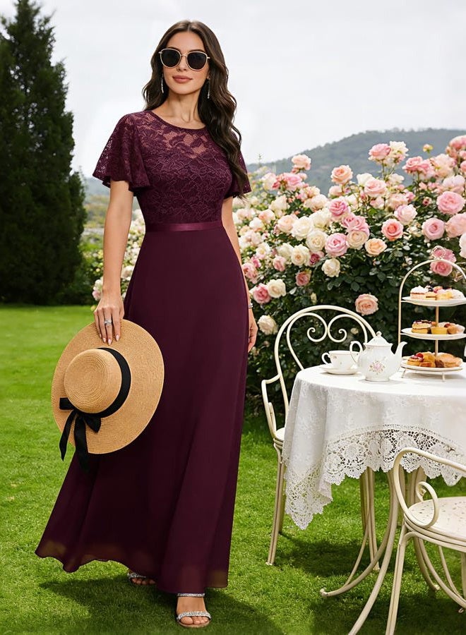 DRESSTELLS Womens Formal Dresses for Wedding Guest Prom Ruffle Sleeve Lace Maxi Dress Evening Gown 2026, Burgundy, M - Image 4