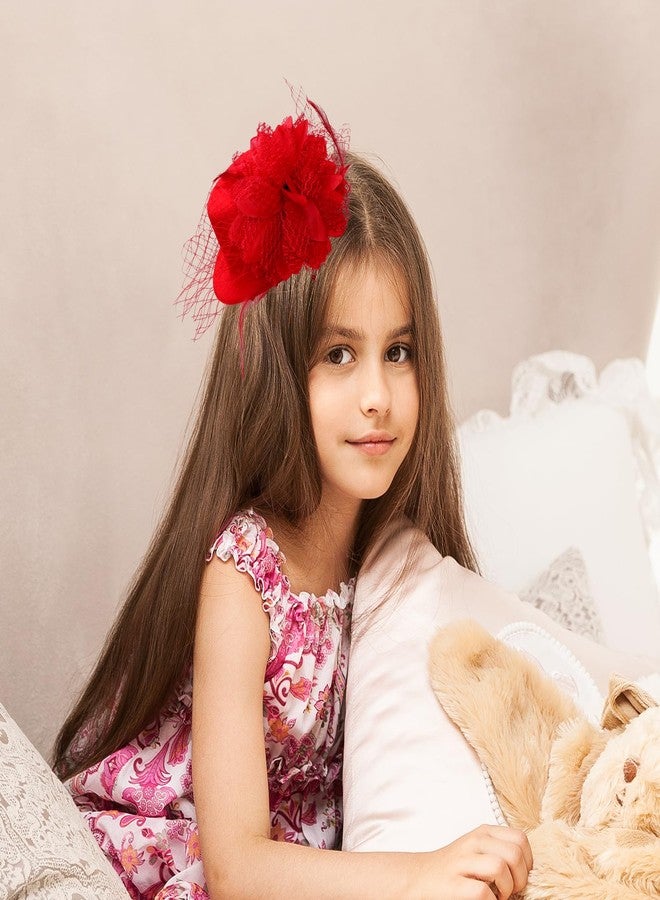 Fumwase قبعة صغيرة مزينة بزهرة من فومواس، مشبك شعر، قبعات صغيرة لحفلات الشاي، قبعات أنيقة مع مشبك، أغطية رأس للنساء (ألياف البوليستر، أحمر) - Image 5