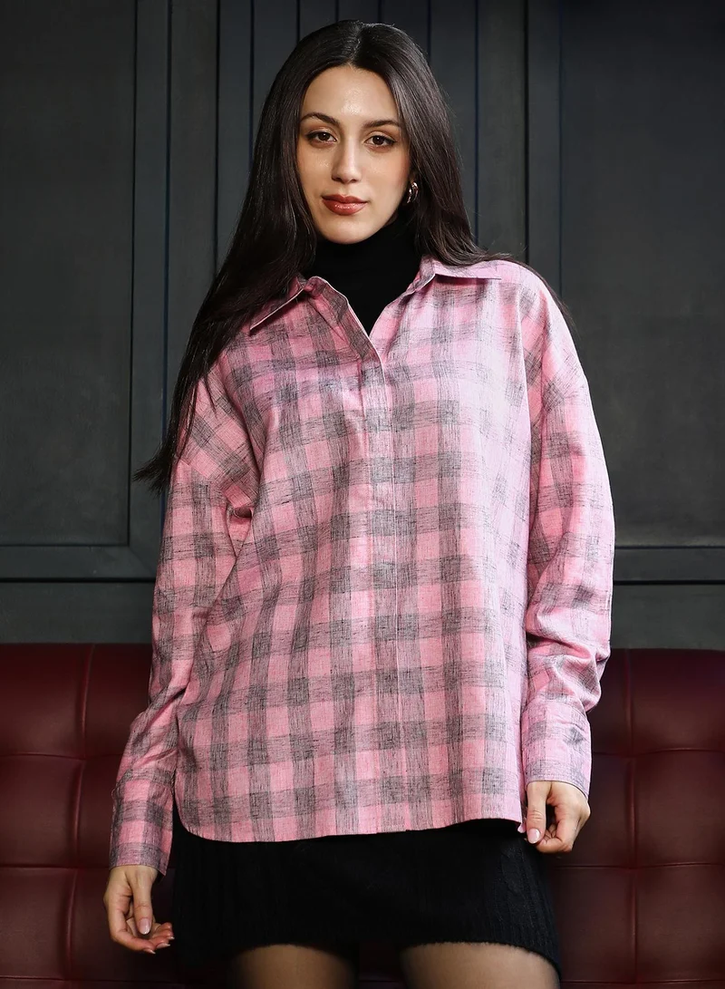 بينيا كولادا قميص نسائي كبير الحجم كاروهات وردي