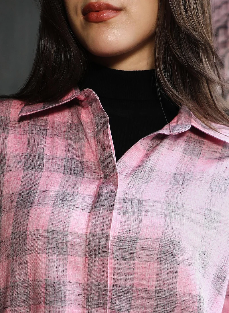Pinacolada  Women's Rose Pink Buffalo-Check Oversized Shirt for Women | Best Price UAE