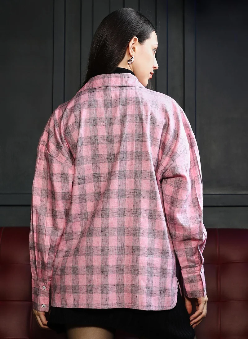 Pinacolada  Women's Rose Pink Buffalo-Check Oversized Shirt for Women | Best Price UAE