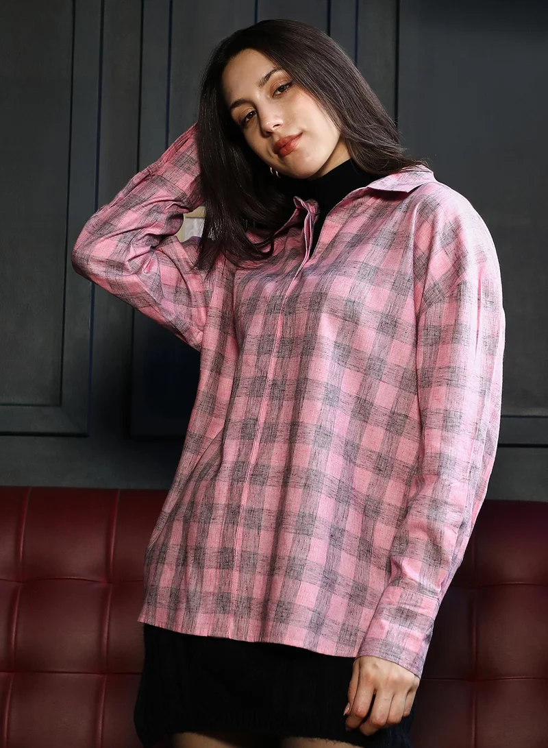 Pinacolada  Women's Rose Pink Buffalo-Check Oversized Shirt for Women | Best Price UAE