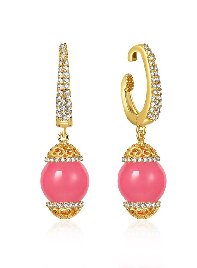 Moonmory Luxuy Simple 925 Sterling Silver Pave Pierceless Earring For Women With 10MM Pink Jade  Original Design Mosque Dom Drop Earring Fashion Jewelry Gift For Ramadan, Valentine’s Day, Mother’s Day - Image 1