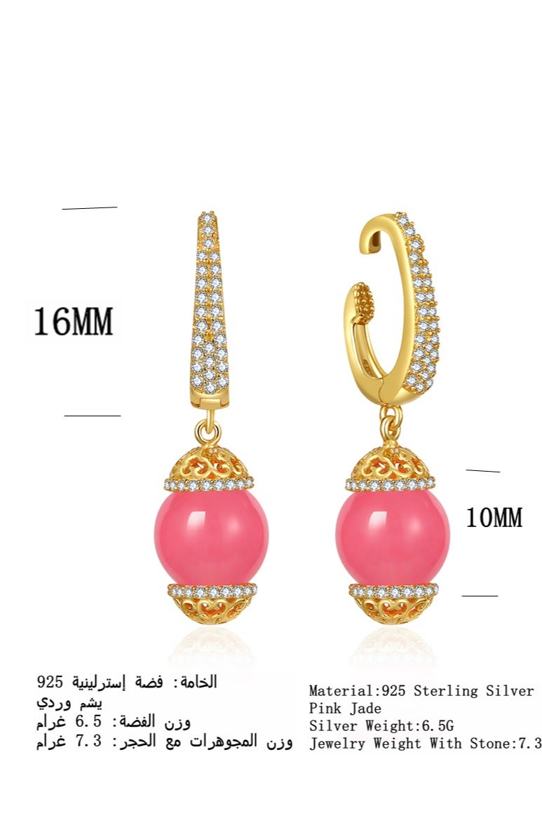 Moonmory Luxuy Simple 925 Sterling Silver Pave Pierceless Earring For Women With 10MM Pink Jade  Original Design Mosque Dom Drop Earring Fashion Jewelry Gift For Ramadan, Valentine’s Day, Mother’s Day - Image 2