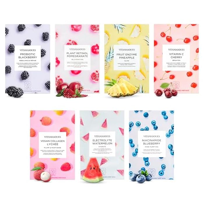 Vitamasques Face Masks Skincare Sheet Kit, 7-Pack - Juicy Collection of Triple-Layer Sheet Facial Masks - Korean Skin Care Pore Purifying, Brightening, and Hydrating - Image 1