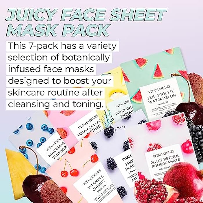 Vitamasques Face Masks Skincare Sheet Kit, 7-Pack - Juicy Collection of Triple-Layer Sheet Facial Masks - Korean Skin Care Pore Purifying, Brightening, and Hydrating - Image 2