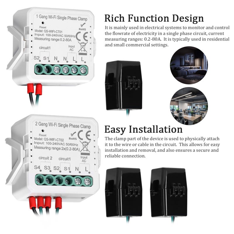 Tuya WiFi 2 Gang 80A Single Phase Clamp Solar PV Bidirectional Two Way Energy Meter Mobilephone APP Control Current Transformer Schedule Timer Home Automation Device - Image 3