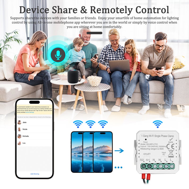 Tuya WiFi 2 Gang 80A Single Phase Clamp Solar PV Bidirectional Two Way Energy Meter Mobilephone APP Control Current Transformer Schedule Timer Home Automation Device - Image 4