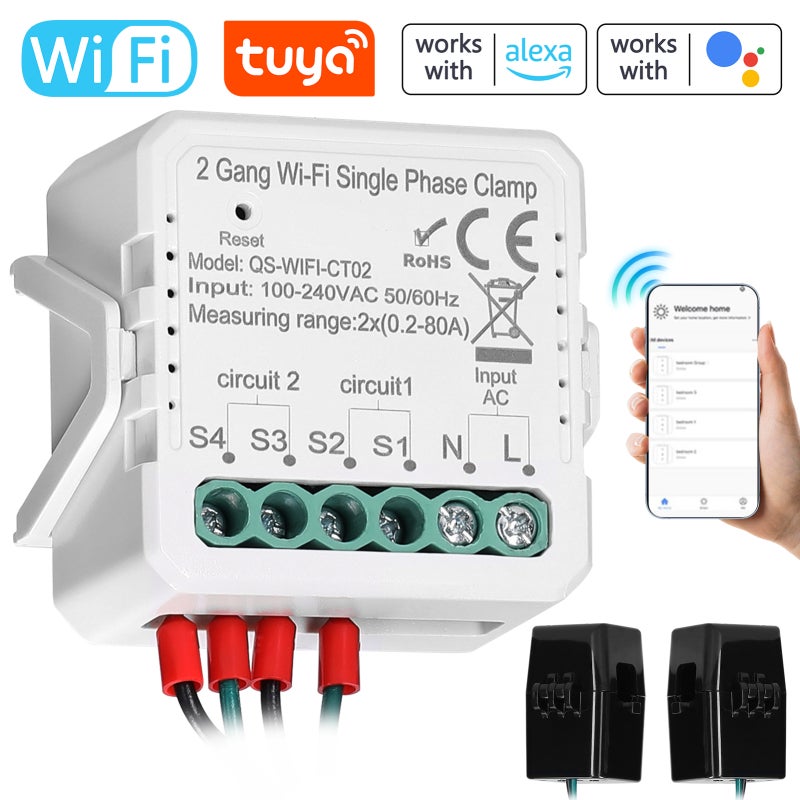 Tuya WiFi 2 Gang 80A Single Phase Clamp Solar PV Bidirectional Two Way Energy Meter Mobilephone APP Control Current Transformer Schedule Timer Home Automation Device - Image 1