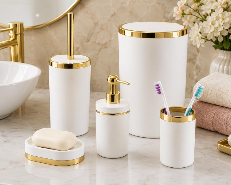 Luxury 5-Piece Bathroom Accessories Set - Elegant Modern Round Glossy White and Gold Vanity Ensemble Includes Wastebasket, Liquid Soap Dispenser, Toothbrush Holder, Soap Dish, and Toilet Bowl Brush - Image 2