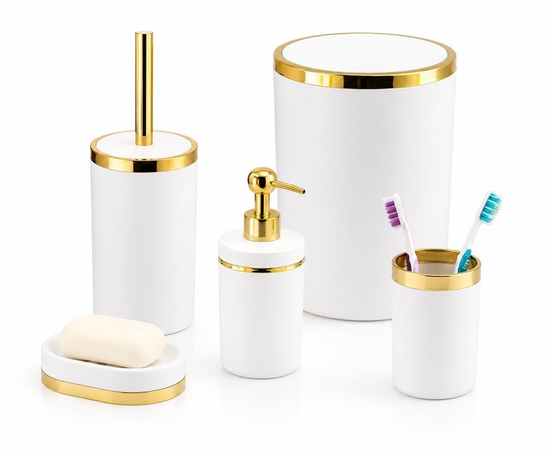 Luxury 5-Piece Bathroom Accessories Set - Elegant Modern Round Glossy White and Gold Vanity Ensemble Includes Wastebasket, Liquid Soap Dispenser, Toothbrush Holder, Soap Dish, and Toilet Bowl Brush - Image 1