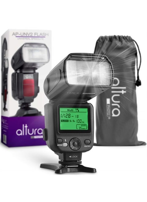 Camera Flash W/LCD Display for DSLR & Mirrorless Cameras, External Flash Featuring a Standard Hot Flash Shoe, Universal Camera Flash for Canon, Sony, Nikon, Panasonic and Other Cameras with Pouch