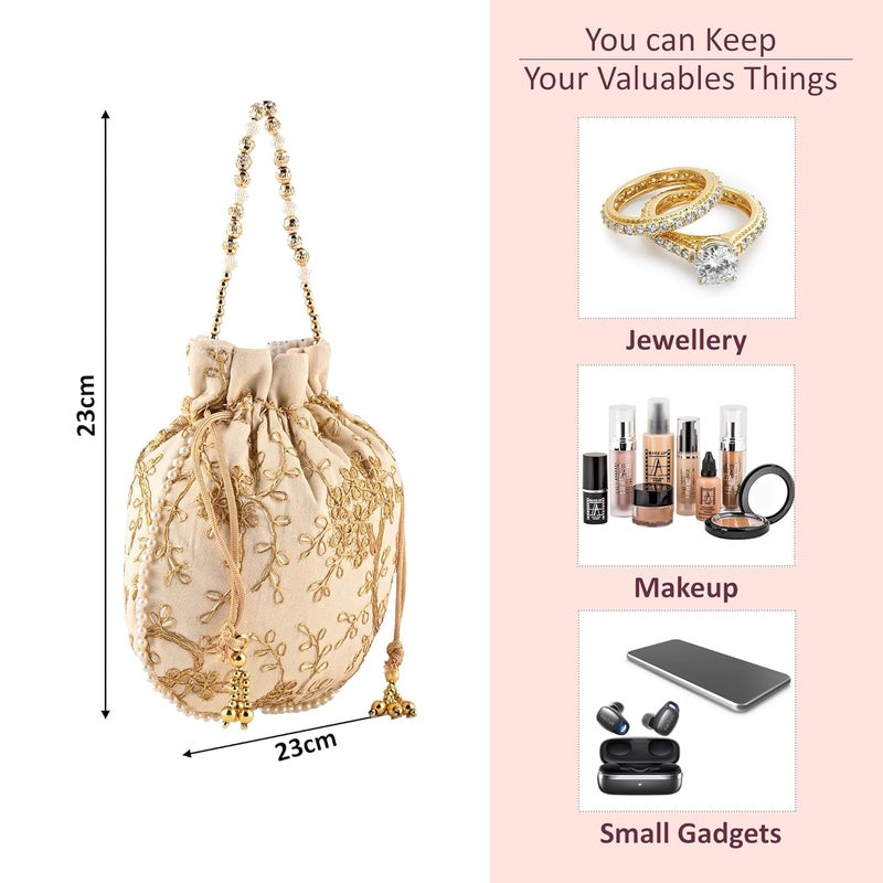 Kuber Industries Potli Bags for Ladies & Girls | Women Shagun Pouches for Festive Seasons | Batwa Bag Bridal Purse With Embroidery -Cream - Image 3
