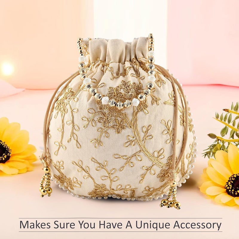 Kuber Industries Potli Bags for Ladies & Girls | Women Shagun Pouches for Festive Seasons | Batwa Bag Bridal Purse With Embroidery -Cream - Image 4