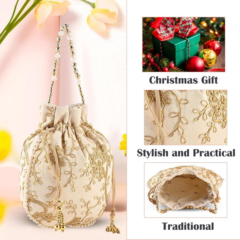 Kuber Industries Potli Bags for Ladies & Girls | Women Shagun Pouches for Festive Seasons | Batwa Bag Bridal Purse With Embroidery -Cream - Image 5