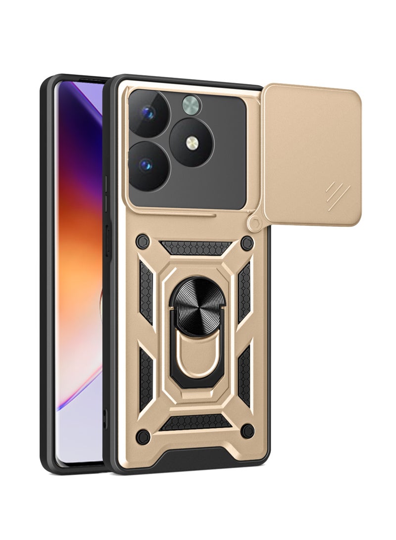 Shunjia Sliding Window Case, Shockproof Rugged Armor with Sliding Camera Cover & 360° Ring Kickstand, Compatible with Realme C61 / Realme C63 / Realme Note 60x (Gold) - Image 1