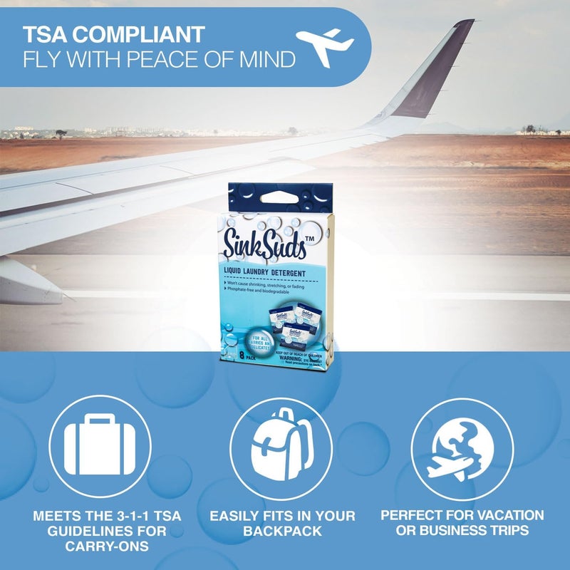 SinkSuds Laundry Detergent, Travel Size Liquid Soap, TSA Compliant, Safe For All Fabrics, 8 Packets (Packaging May Vary) - Image 4