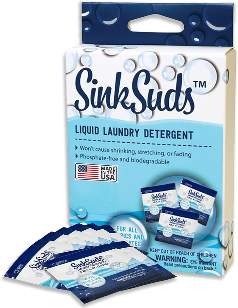 SinkSuds Laundry Detergent, Travel Size Liquid Soap, TSA Compliant, Safe For All Fabrics, 8 Packets (Packaging May Vary) - Image 1