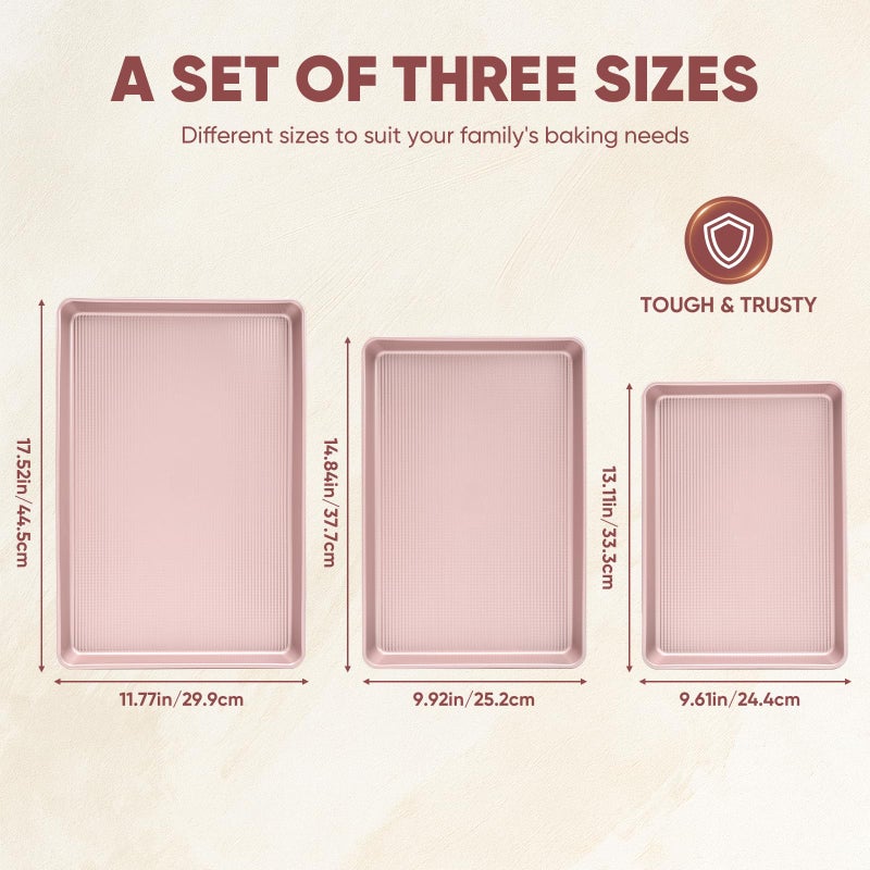 Sakerplus Nonstick Baking Sheet Pan Set of 3, Heavy Duty Cookie Sheets for Oven with Stripe Texture Pattern, 0.6mm Thick Quarter/Half/Jelly Roll Pans, Rust-Resistant & Easy Clean (Pink) - Image 4
