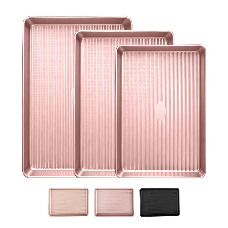 Sakerplus Nonstick Baking Sheet Pan Set of 3, Heavy Duty Cookie Sheets for Oven with Stripe Texture Pattern, 0.6mm Thick Quarter/Half/Jelly Roll Pans, Rust-Resistant & Easy Clean (Pink) - Image 1