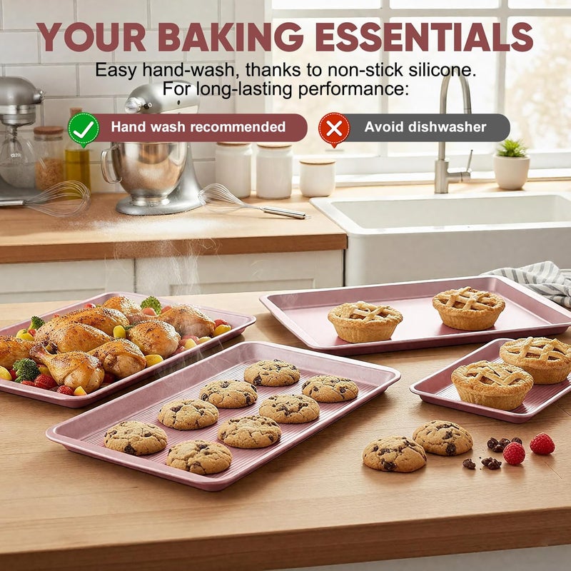 Sakerplus Nonstick Baking Sheet Pan Set of 3, Heavy Duty Cookie Sheets for Oven with Stripe Texture Pattern, 0.6mm Thick Quarter/Half/Jelly Roll Pans, Rust-Resistant & Easy Clean (Pink) - Image 3