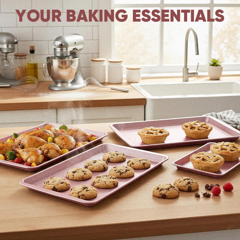 Sakerplus Nonstick Baking Sheet Pan Set of 3, Heavy Duty Cookie Sheets for Oven with Stripe Texture Pattern, 0.6mm Thick Quarter/Half/Jelly Roll Pans, Rust-Resistant & Easy Clean (Pink) - Image 2