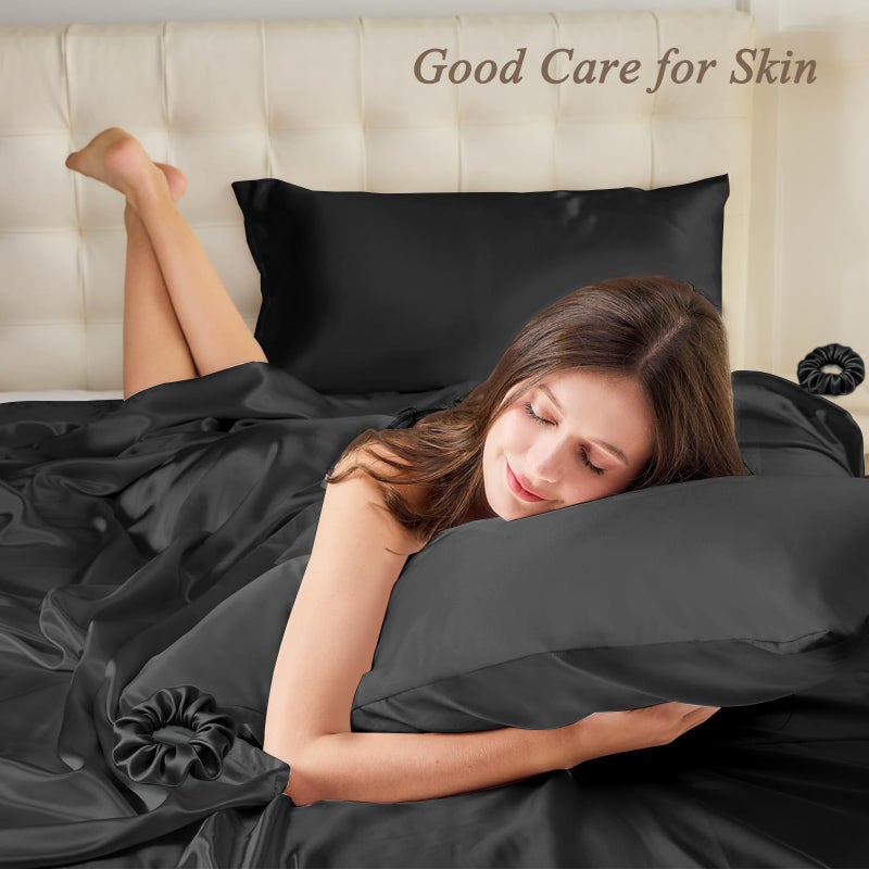 Vielit Queen Satin Pillowcase for Hair 2pc,Similar to Silk Pillow Cases,Easier Care Than Silk Pillowcase,Gifts for Women Men,Black,20x30 & Envelope Closure and 2 Satin Scrunchies - Image 2